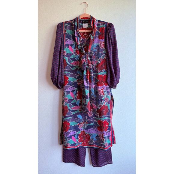Vintage 80s Diane Freis Coordinating 3 Piece Floral Dot Tunic Pants & Sash Set